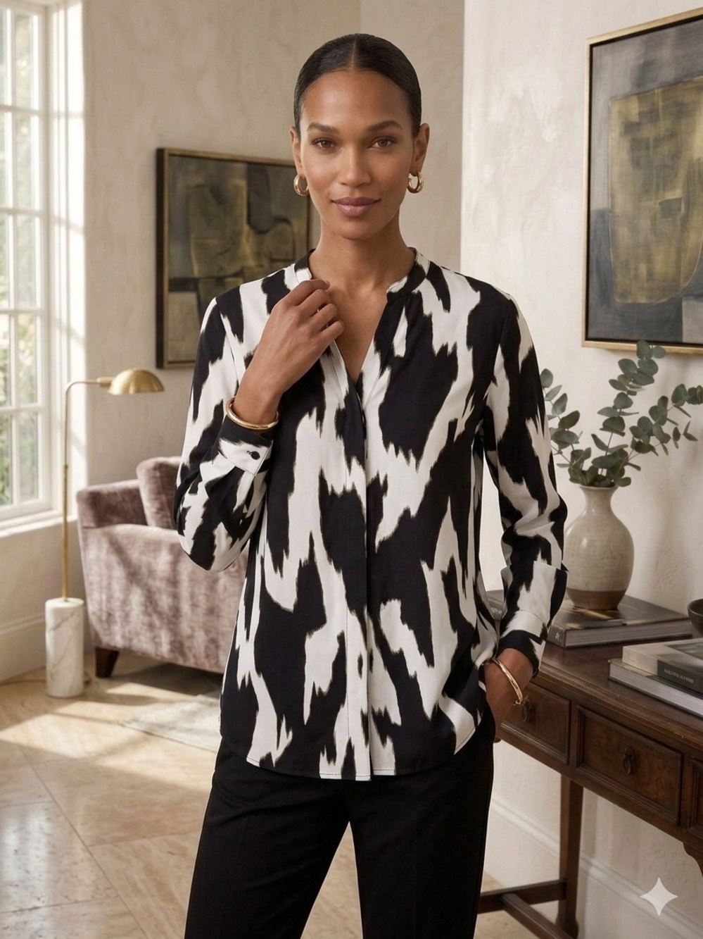 NIC+ZOE Monochrome Mood Black, White, & Brown Printed Long-Sleeve Blouse EUC XL